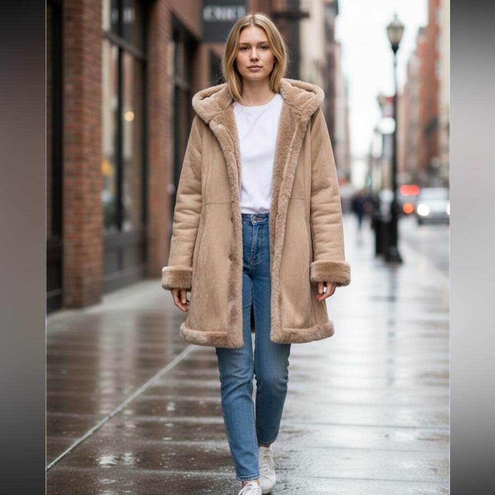 Vtg Marvin Richards Suede Leather Penny Lane Coat Faux Fur Trim Hood Tan Size XL